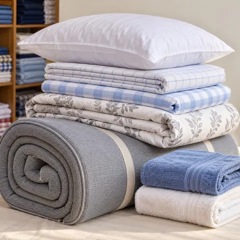 Illustration of hostel bedding: a rolled mattress, folded bedsheets and a quilt, a pillow and two towels