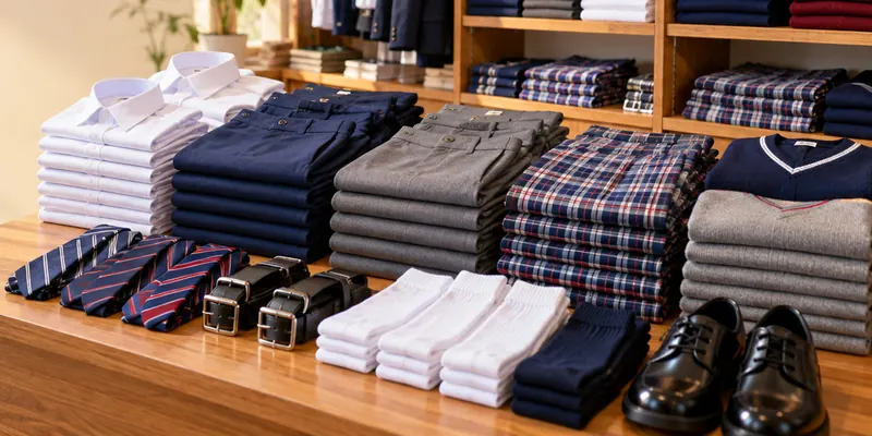 Illustration of school ties, belts, white and navy socks and black school shoes on a counter, with folded shirts, trousers and sweaters behind