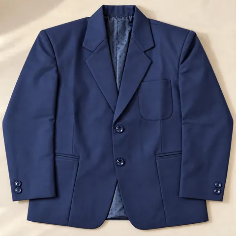Illustration of a navy school blazer with two buttons and a chest pocket, laid flat