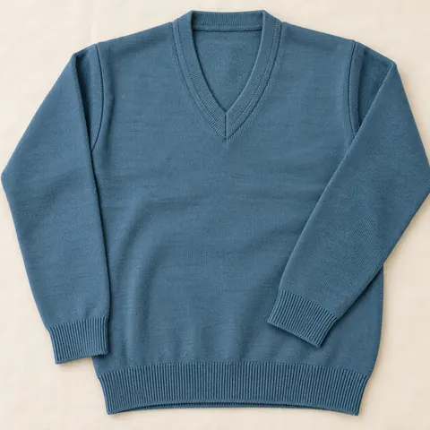 Illustration of a V-neck school sweater in teal blue, laid flat