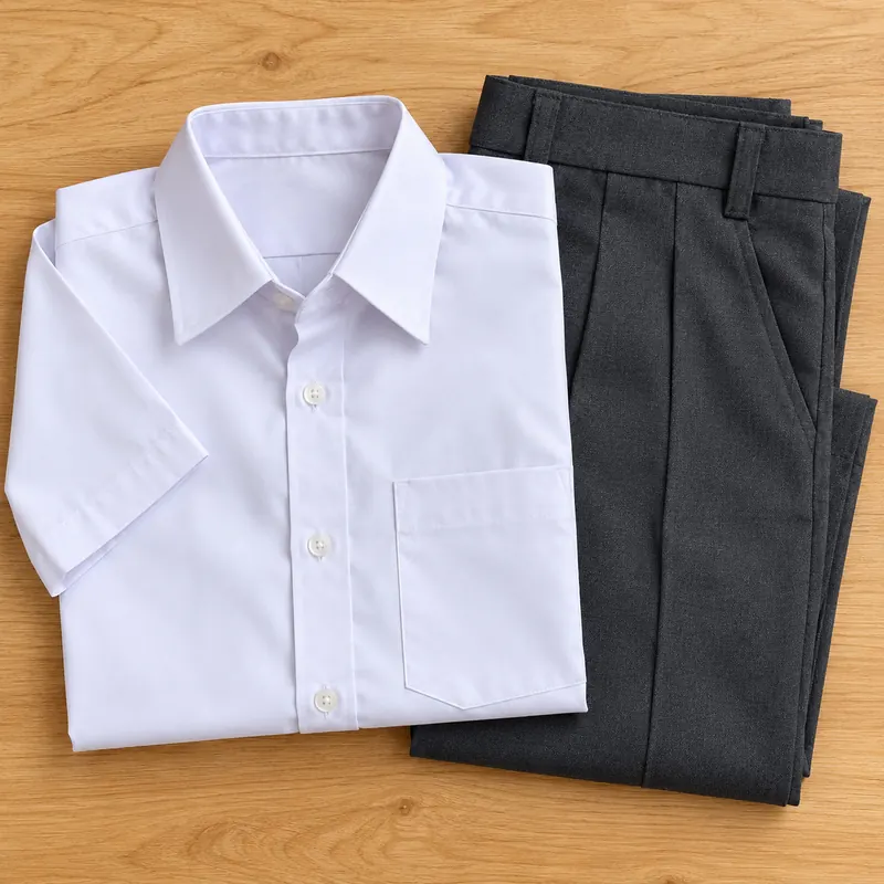 Illustration of a summer school uniform laid flat: a white half-sleeve shirt and grey trousers