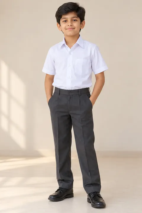 Illustration of a boy in a summer school uniform: a white half-sleeve shirt and grey trousers