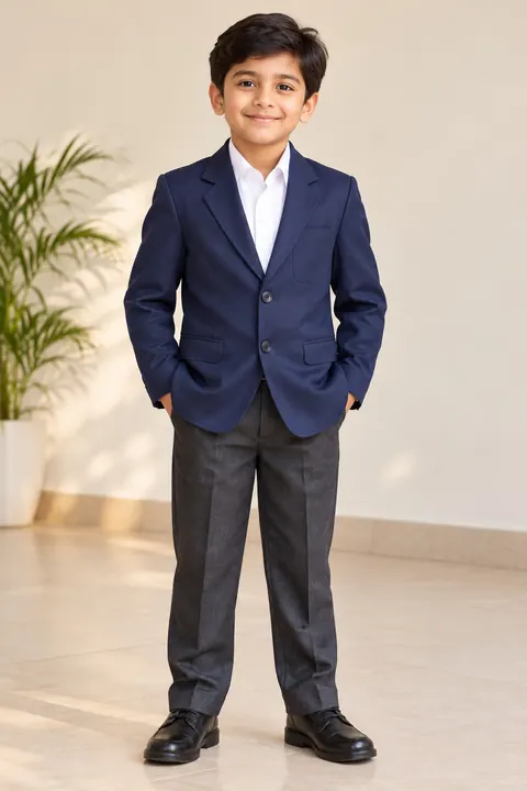 Illustration of a boy in a navy school blazer over a white shirt, with grey trousers