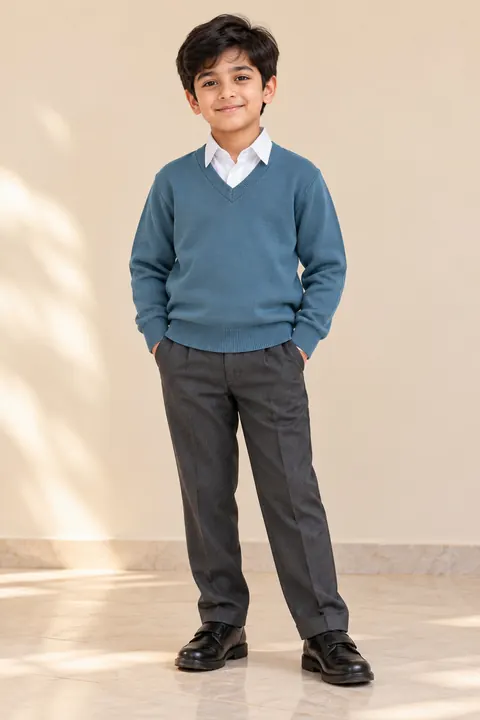 Illustration of a boy in a winter school uniform: a teal-blue V-neck sweater over a white shirt, and grey trousers