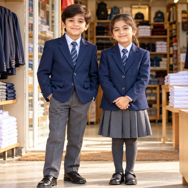 Illustration of a boy and a girl in winter school uniform: navy blazers, white shirts, striped ties, grey trousers and a grey pleated skirt