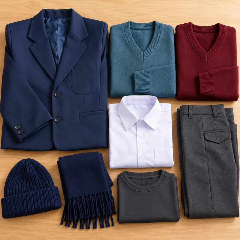 Illustration of a winter school uniform laid flat: a navy blazer, two V-neck sweaters, a white shirt, grey trousers, a woollen cap and a muffler