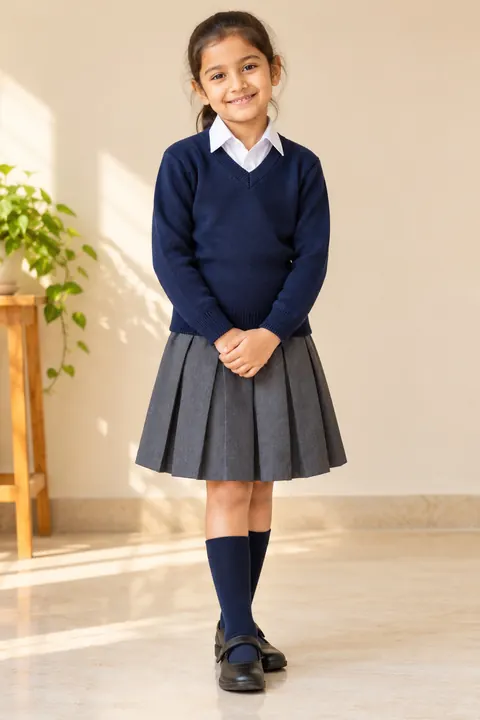 Illustration of a girl in a winter school uniform: a navy V-neck sweater over a white shirt, a grey pleated skirt and navy socks