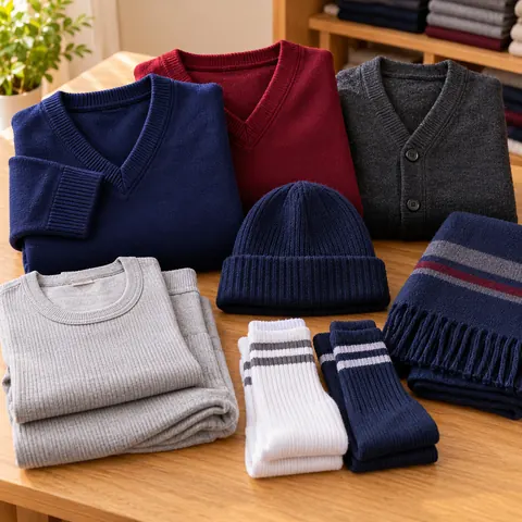 Illustration of winter wear on a table: V-neck sweaters, a ribbed thermal set, a woollen cap, school socks and a muffler