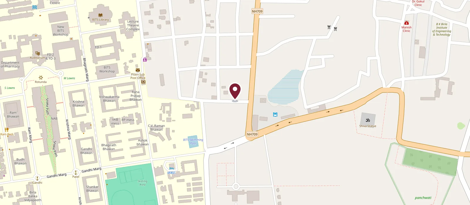 Map of Nutan Market, Pilani, with Janta Cloth Emporium marked — beside the Bus Stand and across from the BITS Pilani campus