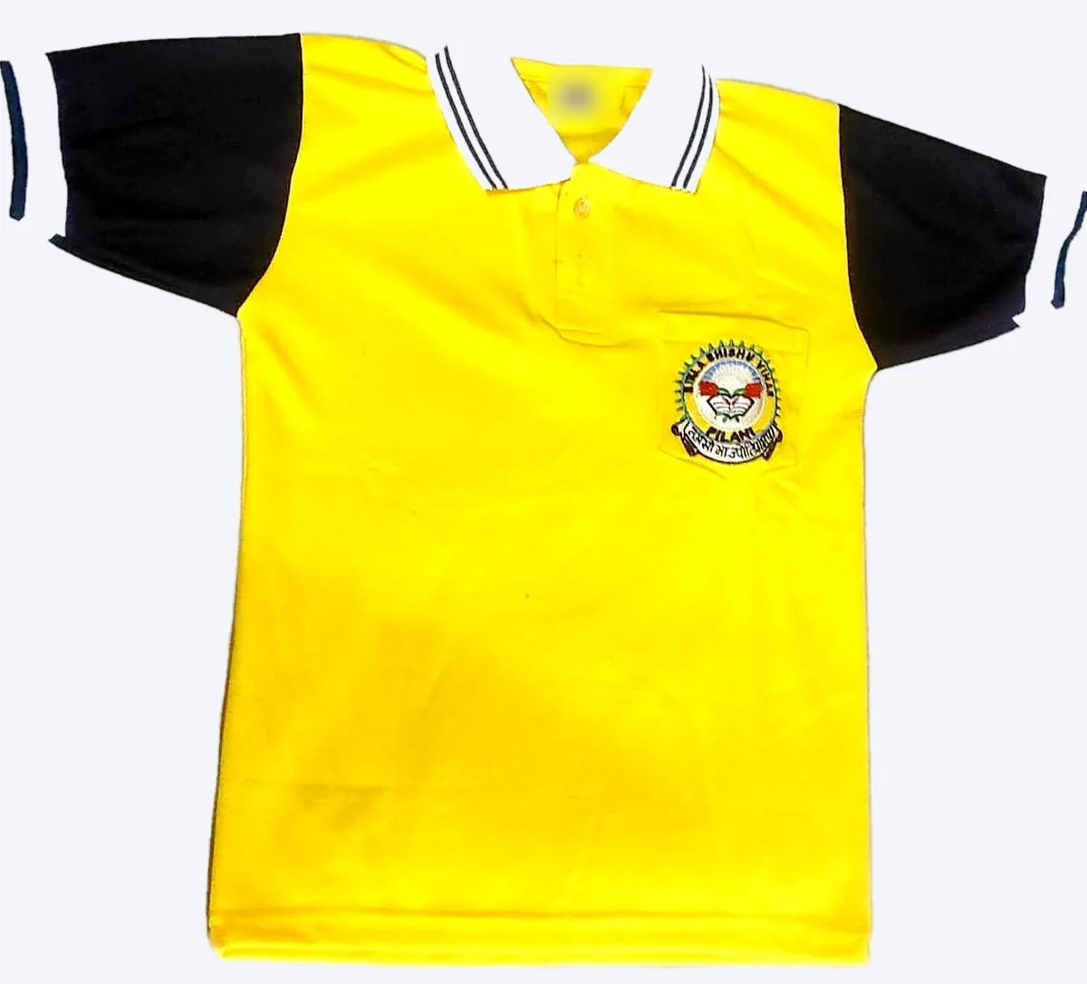 Birla Shishu Vihar Pilani school uniform shirt in yellow and navy with the embroidered school crest
